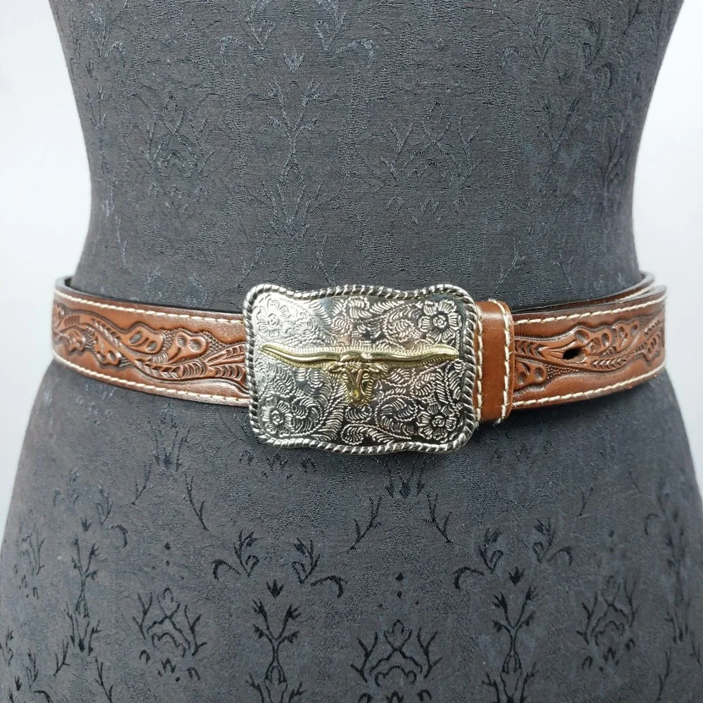 Western Tooled Leather Belt Youth L 28/30 Brown Square Silver Steer Buckle